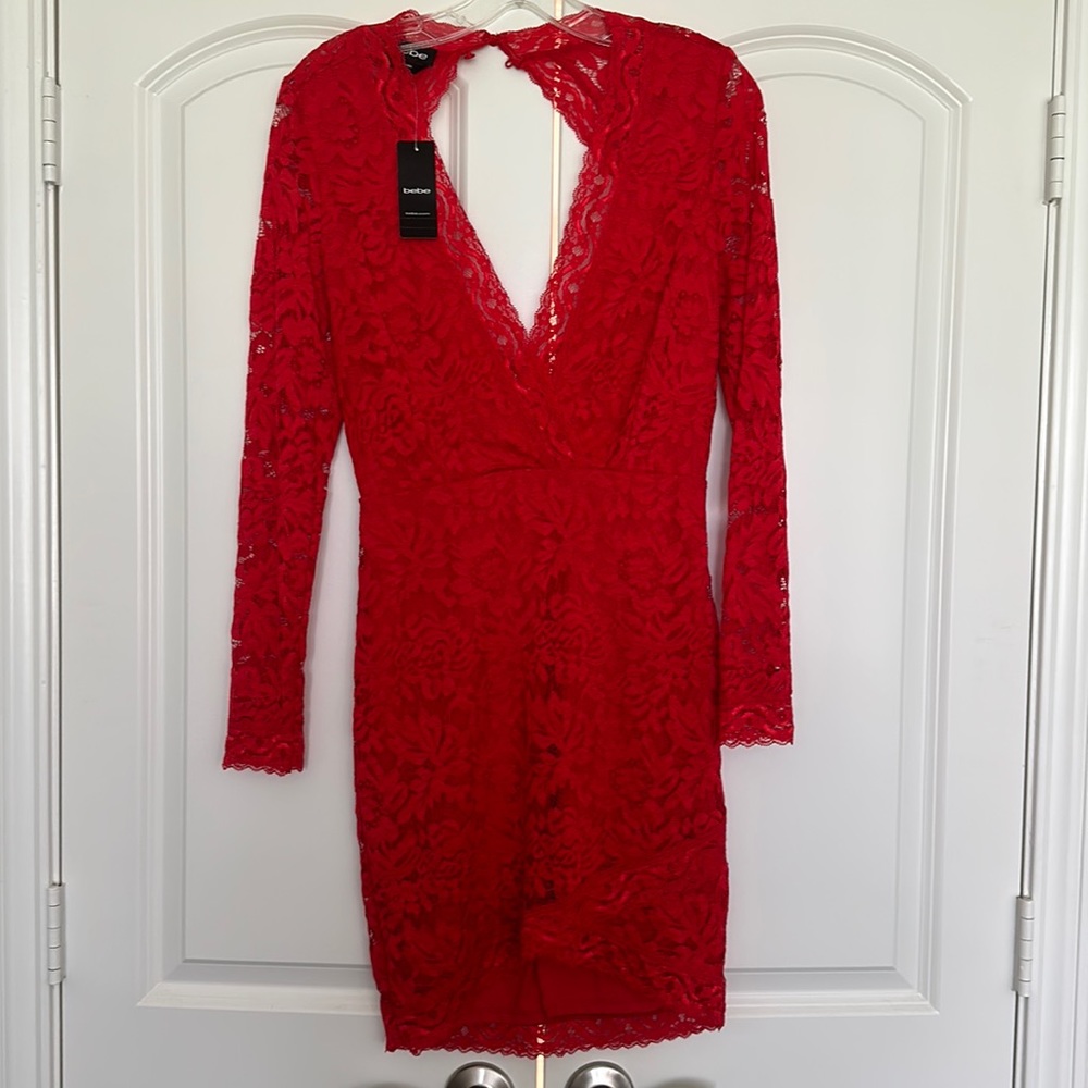 Bebe Red long sleeve lace dress